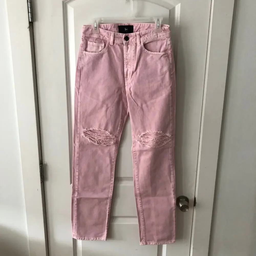 3x1 NYC size 25 Women's distressed straight leg jeans Mineral Rose Pink $367
